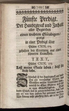 Fünfte Predigt. Der Haubtzweck und Inhalt aller Begierden eines wahren Gläubigen / [...]