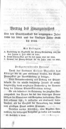 Vortrag des Finanzministers über den Staatshaushalt 1838-1841