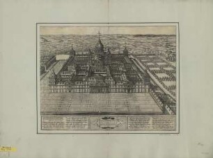 Ansicht des Real Sitio de San Lorenzo de El Escorial und Rückseite des Blattes, Spanien, Kupferstich, 1591 : Scenographia totivs fabricae s. Lavrentii in Escoriali : [Gewidmet] Philippvm II. Hispaniarvm ETC. Regem Catolicvm / Ab. Ortelius evulgabat. - [Antwerpen] : [Plantin] , 1591. - 1 Ansicht : Kupferst. ; 48 x 32 cm +++ Mit Versen, Erläuterung u. Titel unter der Ansicht. [Größter Renaissancebau der Welt)