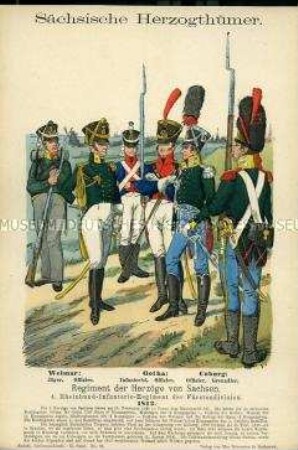 Uniformdarstellung, Jäger, Infanterist, Grenadier und Offiziere der Infanterie, Herzogtümer Weimar, Gotha und Coburg, 1812.