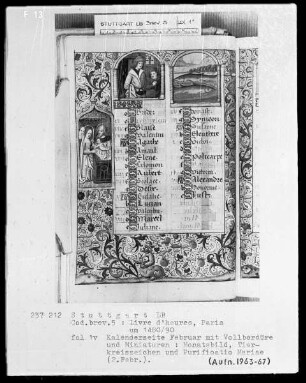 Lateinisches Stundenbuch (Livre d'heures) — Kalenderseite Februar mit Illustrationen und Vollbordüre, Folio 1verso