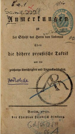 Anmerkungen zu der Schrift des Herrn von Lindenau über die höhere preußische Taktik und ihre zeitherige Unrichtigkeit und Unzweckmäßigkeit