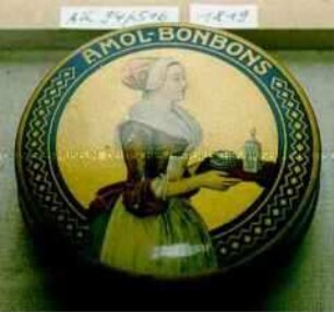 Automaten-Blechdose für "AMOL-BONBONS" (Abbildung des Schokoladenmädchens)