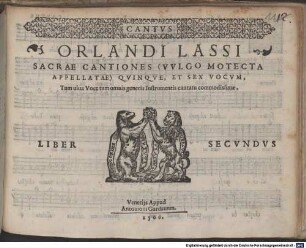 ORLANDI LASSI SACRAE CANTIONES (VVLGO MOTECTA APPELLATAE) QVINQVE, ET SEX VOCVM, Tum uiua uoce tum omnis generis Instrumentis cantatu commodissimae. LIBER SECVNDVS