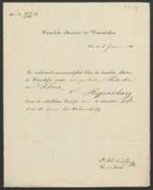 Brief von Anton von Schrötter von Kaiserliche Akademie der Wissenschaften in Wien an Regensburgische Botanische Gesellschaft