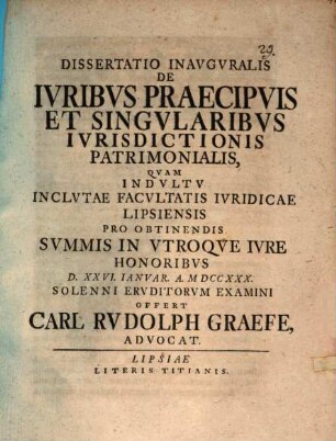 Dissertatio Inavguvralis De Ivribvs Praecipvis Et Singvlaribvs Ivrisdictionis Patrimonialis
