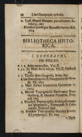 38-54, I. Geographi. - IV. Scriptores Historiae universalis ut & antiquae Graecar & Romanae.