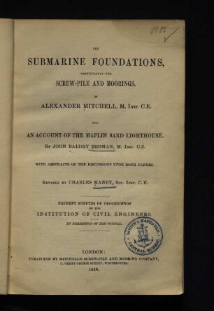 On submarine foundations, particularly the screw-pile and moorings