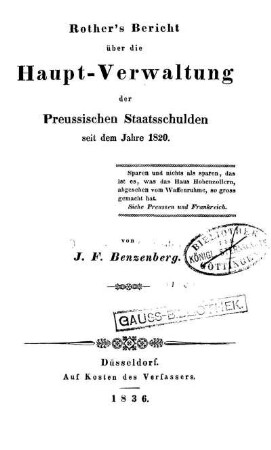 Rother's Bericht über die Haupt-Verwaltung der Preussischen Staatsschulden seit dem Jahre 1820