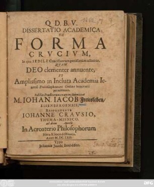 Dissertatio Academica De Forma Crucium : In qua Sedile Crucifixorum potissimum asseritur