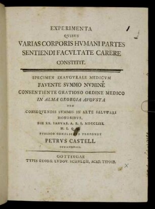 Experimenta, Qvibvs Varias Corporis Hvmani Partes Sentiendi Facvltate Carere Constitit