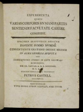 Experimenta, Qvibvs Varias Corporis Hvmani Partes Sentiendi Facvltate Carere Constitit