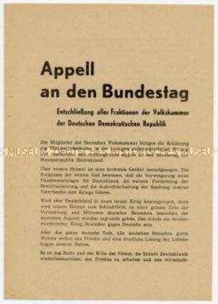 Appell der Volkskammer an den Bundestag für gesamtdeutsche Beratung über freie demokratische Wahlen zur Nationalversammlung, Einheit Deutschlands und Friedensvertrag