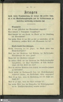 Fragen durch deren Beantwortung der Heizer sich prüfen kann, ob er die Verhaltungsregeln und die Erläuterungen zu denselben vollständig verstanden hat