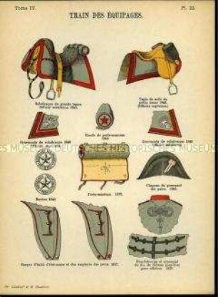 Uniformdarstellung, Detailstudien von Sattel- und Zaumzeug, Schabracken und Abzeichen verschiedener Nachschubtruppen, Frankreich, 1845/1879.