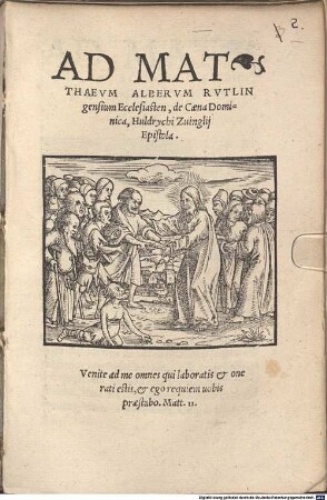 Ad Matthaevm Albervm Rvtlingensium Ecclesiasten, de Caena Dominica, Huldrychi Zuinglij Epistola