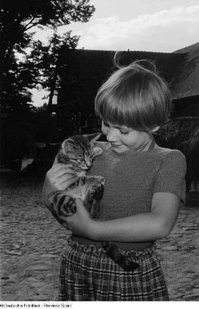 Porträt eines Mädchens auf einem Bauernhof beim Spielen mit einer Katze