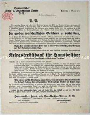 Aufruf der Hannoverschen Haus- und Grundbesitzervereins zur Zeichnung von Genossenschaftsanteilen einer Kriegskreditbank für Hausbesitzer mit dem Vordruck eines Beitrittsformulars