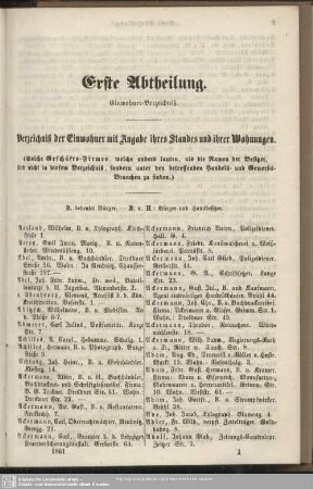 Erste Abtheilung. Einwohnerverzeichnis : Erste Abtheilung. Einwohner-Verzeichniß