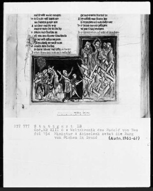 Weltchronik - Bruder Philipp — ---, Folio 1recto-256recto---, Folio 1recto-256rectoAbimelech setzt die Burg von Sichem in Brand, Folio 154recto