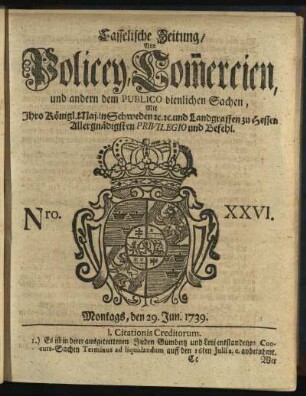 Nro. XXVI, Montags, den 29. Jun. 1739