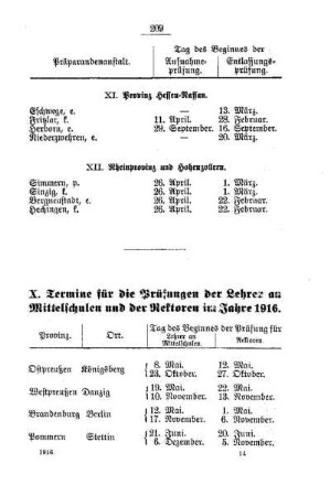 Termine für die Prüfungen der Lehrer an Mittelschulen sowie der Rektoren im Jahre 1916