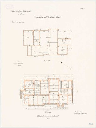 Landwirtschaftliche Versuchsanstalt, Bromberg Doppelwohngebäude I für 2 Höhere Beamte: Grundriss Kellergeschoss Dachgeschoss 1:100