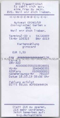Zahlungsbeleg für eine Fahrkarte der Berliner Verkehrsbetriebe mit besonderem Tarif für Frauen anlässlich des Equal Pay Day