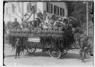Erntedankfest in Sigmaringen 1934; Umzugswagen vor der Leopoldstraße 10
