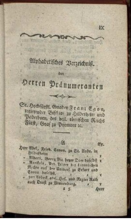 Alphabetisches Verzeichniß der Herren Pränumeranten.