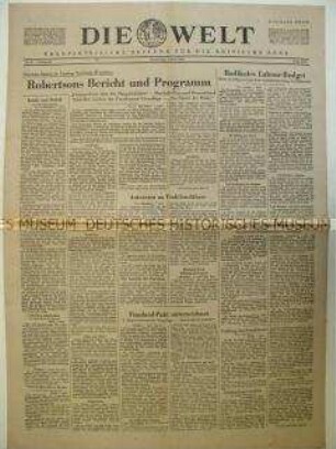 Tageszeitung "Die Welt" u.a. zur Rede von General Robertson vor dem nordrhein-westfälischen Landtag über den Marshall-Plan