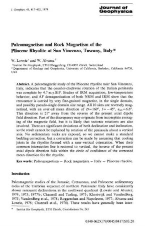 Paleomagnetism and rock magnetism of the Pliocene Rhyolite at San Vincenzo, Tuscany, Italy