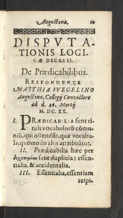 Disputationis Logicae Decas II. De Praedicabilibus.