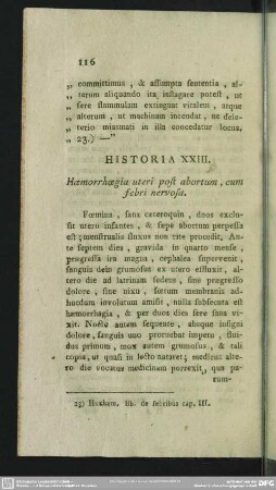 Historia XXIII. Haemorrhoegia uteri post abortum, cum febri nervosa