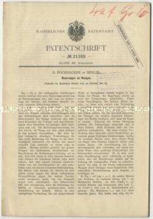 Patentschrift über Neuerungen an Waagen, Patent-Nr. 21169