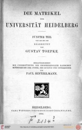 5. Teil: Die Matrikel der Universität Heidelberg: Von 1807 - 1846
