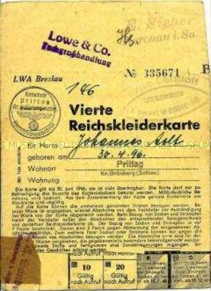 Bezugskarte für Bekleidung für das Jahr 1944