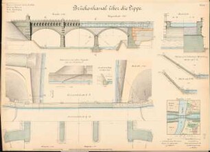 Dortmund-Ems-Kanal. Brückenkanal über die Lippe, Datteln: Lageplan 1:2500, Ansicht, Schnitte 1:200, 1:75
