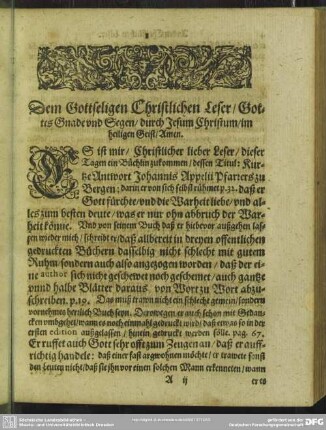 Dem Gottseligen Christlichen Leser, Gottes Gnade und Segen, durch Jesum Christum, im heiligen Geist, Amen