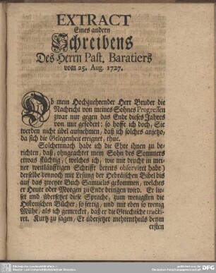 Extract Eines andern Schreibens Des Herrn Past. Baratiers vom 25. Aug. 1727.