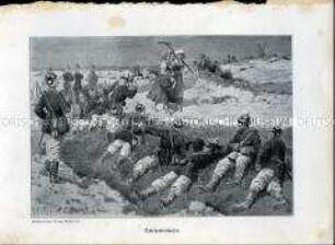 Uniformdarstellung, Erntehelferinnen erregen die Aufmerksamkeit der Infanterie im Feldlager, Preußen, 1910/1912. Tafel aus: Knötel: Preußen, Unser Heer.