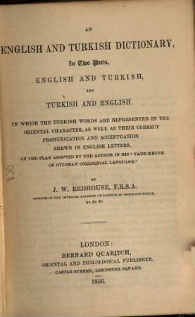 An English and Turkish Dictionary, in two Parts : English and Turkish, and Turkish and English, 1