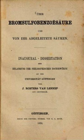 Ueber Bromsulfobenzoësäure und von ihr abgeleiteten Säuren : Inaug. Diss.