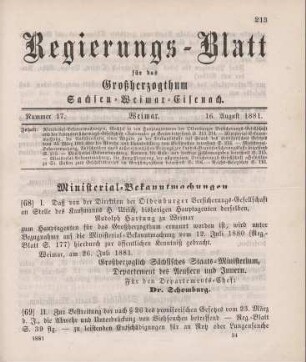68. Ministerial-Bekanntmachung, den Wechsel in der Hauptagentur der Oldenburger Versicherungs-Gesellschaft betreffend
