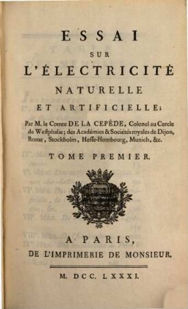 Essai Sur L'Électricité Naturelle Et Artificielle. 1