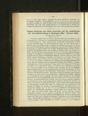 Unsere Nahrung und deren Kontrolle auf der Ausstellung für Gesundheitspflege in Stuttgart (Mai - Oktober 1914).