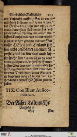 IIX. Consilium Aulico - Politicum. Der Achte Calvinische Rathschluß:
