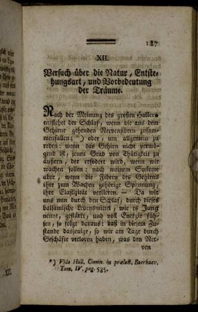 XII. Versuch über die Natur, Entstehungsart, und Vorbedeutung der Träume