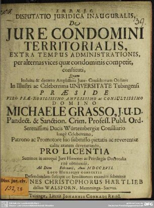 Disputatio Iuridica Inauguralis De Iure Condomini Territorialis : Extra Tempus Administrationis, per alternas vices quae condominis competit, constituti