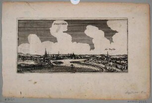 Stadtansicht von Dresden, Blick von Osten über die Elbe mit Insel auf Altstadt (Neu-Dresden, links) und Neustadt (Alten-Dresden, rechts)